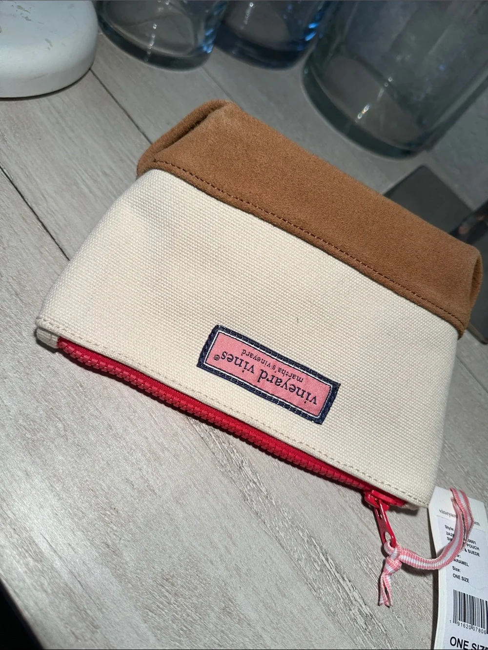 Vineyard Vines Cotton Canvas Cosmetic Pouch with tan leather base